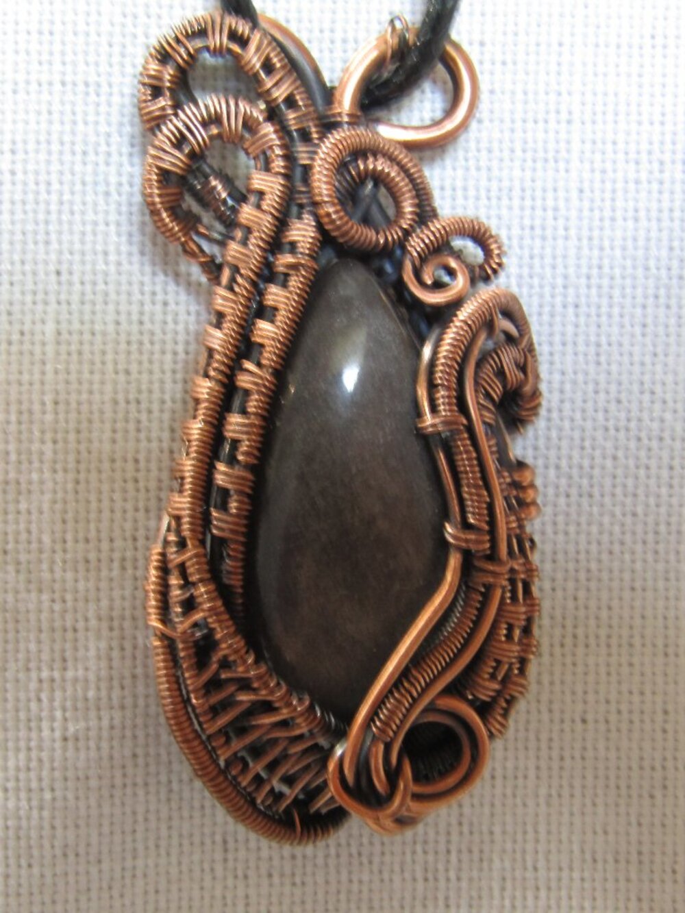 Wire Wrapped Silver Sheen Obsidian Crystal Necklace. Handmade oxidized copper